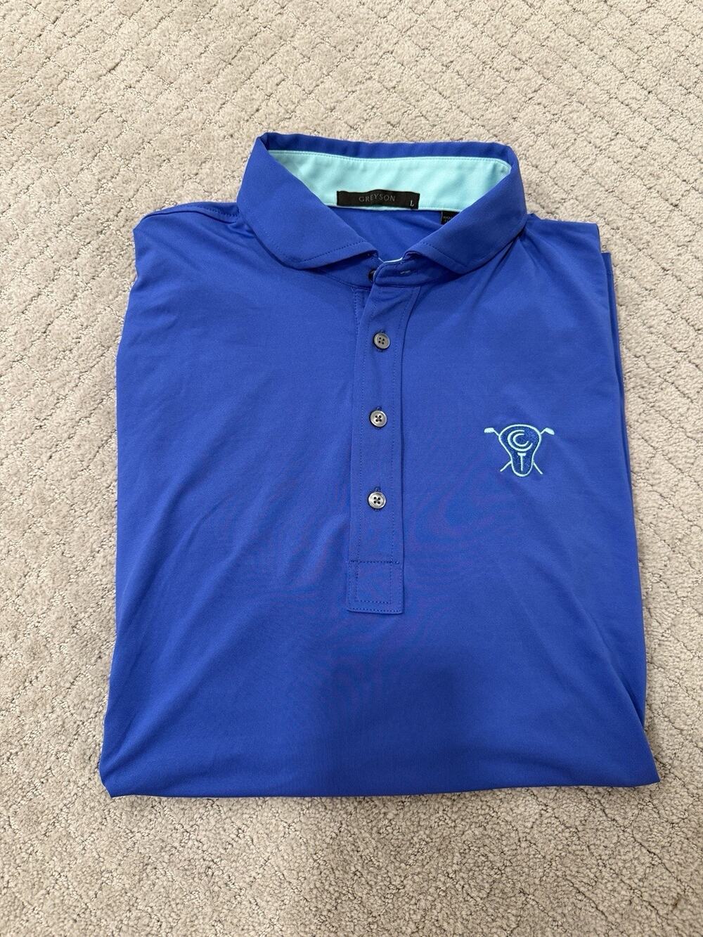 Greyson Men’s Large Blue Golf Polo Country Club Logo Performance Shirt